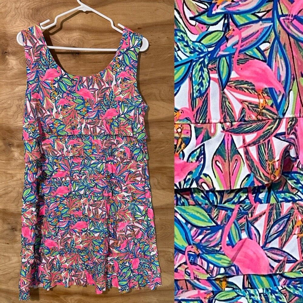 Lulu B Dress XL Sleeveless FLAMINGO  Floral Flower Stretch Pullover Ruffle